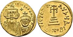 Byzantine Constans II, with Constantine IV, 641-668. Solidus (Gold, 20 mm, 4.45 g, 6 h), Constantinopolis, circa 654-659. δ N CONSTANTINЧS C CONSTA Crowned and draped bust of Constans II facing, with 