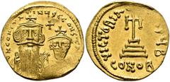 Byzantine Constans II, with Constantine IV, 641-668. Solidus (Gold, 21 mm, 4.39 g, 6 h), Constantinopolis, circa 654-659. δ N CONSTANTINЧS C CONST A[V] Crowned and draped bust of Constans II facing, w