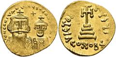 Byzantine Constans II, with Constantine IV, 641-668. Solidus (Gold, 21 mm, 4.48 g, 6 h), Constantinopolis. δ N CONSTANTINЧS C CONSTANTI Crowned and draped bust of Constans II facing, with long beard a