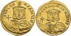 Byzantine Leo III the "Isaurian", with Constantine V, 717-741. Solidus (Gold, 21 mm, 4.45 g, 6 h), Constantinopolis, circa 737-741. δ NO LЄO-N PA MЧL H Crowned and draped bust of Leo III facing, holdi