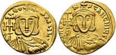 Byzantine Constantine V Copronymus, with Leo IV, 741-775. Solidus (Gold, 20 mm, 4.41 g, 6 h), Constantinopolis, circa 742-745. d LЄON P A MЧL' Crowned bust of Constantine's father Leo III facing, wear