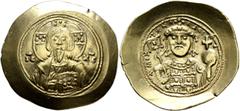 Byzantine Michael VII Ducas, 1071-1078. Histamenon (Electrum, 29 mm, 4.28 g, 7 h), Constantinopolis. Bust of Christ Pantokrator facing; in fields, IC - XC. Rev. +MIX AHΛ BACIΛE Crowned bust of Michael