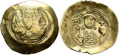 Byzantine Michael VII Ducas, 1071-1078. Histamenon (Electrum, 29 mm, 4.37 g, 7 h), Constantinopolis. Bust of Christ Pantokrator facing; in fields, IC - XC. Rev. +MIX AHΛ BACIΛE Crowned bust of Michael