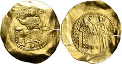 Byzantine John II Comnenus, 1118-1143. Hyperpyron (Gold, 32 mm, 4.33 g, 6 h), Constantinopolis. IC - XC Christ, nimbate, seated facing on square-backed throne, wearing tunic and pallium, raising his r
