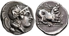 Greek LUCANIA. Velia. Circa 440/35-400 BC. Didrachm or Nomos (Silver, 20 mm, 7.75 g, 2 h). Head of Athena to right, wearing crested Attic helmet adorned with a griffin standing right and a volute on t