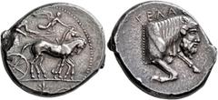 Greek SICILY. Gela. Circa 450-440 BC. Tetradrachm (Silver, 27 mm, 16.78 g, 6 h). Charioteer, holding reins with both hands and kentron in his right, driving slow quadriga to right; above, Nike flying 