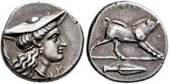 Greek AITOLIA, Aitolian League. Circa 230-220 BC. Triobol (Silver, 14 mm, 2.85 g, 4 h). Λ - Υ Head of Aitolia to right, wearing kausia and single pendant earring. Rev. ΑΙΤΩΛ[ΩΝ] Kalydonian boar standi