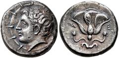 Greek MYSIA. Lampsakos (?). Memnon of Rhodes, mid 4th century BC. Drachm (Silver, 15 mm, 2.89 g, 9 h), Pseudo-Rhodian type, circa 356-354. Youthful head of Helios to left on radiate solar disk. Rev. M