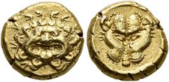 Greek LESBOS. Uncertain mint. Circa 478-428/7 BC. Hekte (Electrum, 9 mm, 2.61 g, 11 h). Facing gorgoneion with protruding tongue. Rev. Confronted heads of two panthers, giving the impression of a sing