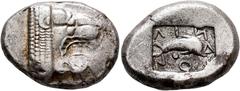 Greek ISLANDS OFF CARIA, Rhodos. Lindos. Circa 475-460 BC. Stater (Silver, 25 mm, 13.65 g, 6 h). Head of a roaring lion to right. Rev. ΛΙИ-Δ-[Ι]ΟИ Dolphin swimming right; pellet below; all within incu