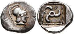 Greek DYNASTS OF LYCIA. Vekhssere I, circa 450-430 BC. Diobol (Silver, 11 mm, 1.35 g), uncertain mint. Head of Athena to right, wearing crested Corinthian helmet. Rev. 𐊇𐊁𐊜 ('Wex' in Lycian) Triskel