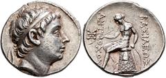 Greek SELEUKID KINGS. Antiochos III ‘the Great’, 222-187 BC. Tetradrachm (Silver, 28 mm, 17.08 g, 12 h), Antiochia on the Orontes, circa 222-211/0. Diademed head of Antiochos III to right. Rev. BAΣIΛE