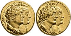 Greek PTOLEMAIC KINGS OF EGYPT. Ptolemy II Philadelphos, with Arsinöe II, Ptolemy I, and Berenike I, 285-246 BC. Half Mnaieion or Tetradrachm (Gold, 20 mm, 13.90 g, 12 h), Alexandria, circa 272-261/0.