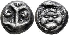 Greek KYRENAICA. Kyrene. Circa 525-480 BC. Didrachm (Silver, 17 mm, 8.48 g, 6 h), Attic standard. Silphion plant with two pairs of leaves and fruits; in fields to left and right, single fruits. Rev. F