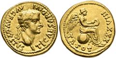 Roman Imperial Tiberius, 14-37. Quinarius (Gold, 16 mm, 4.00 g, 2 h), Lugdunum, 36-37. TI CAESAR DIVI AVG F AVGVSTVS Laureate head of Tiberius to right. Rev. TR•POT XXXVIII Victory seated right on glo