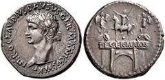 Roman Imperial Nero Claudius Drusus, died 9 BC. Denarius (Silver, 19 mm, 3.75 g, 12 h), Lugdunum, struck under Claudius, circa 41-42. NERO CLAVDIVS DRVSVS GERMANICVS IMP Head of Nero Claudius Drusus t