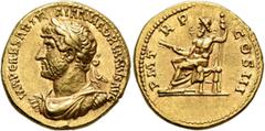 Roman Imperial Hadrian, 117-138. Aureus (Gold, 20 mm, 7.11 g, 6 h), Rome, 121-123. IMP CAESAR TRAIAN HADRIANVS AVG Laureate, draped and cuirassed bust of Hadrian to left. Rev. P M TR P COS III Jupiter