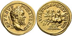 Roman Imperial Septimius Severus, 193-211. Aureus (Gold, 21 mm, 7.29 g, 12 h), Rome, 210. SEVERVS PIVS AVG BRIT Laureate head of Septimius Severus to right. Rev. VIRTVS AVGVSTORVM Septimius Severus, C