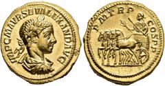 Roman Imperial Severus Alexander, 222-235. Aureus (Gold, 21 mm, 6.43 g, 12 h), Rome, April 222. IMP C M AVR SEV ALEXAND AVG Laureate, draped and cuirassed bust of Severus Alexander to right, seen from