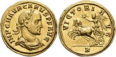 Roman Imperial Carus, 282-283. Aureus (Gold, 20 mm, 4.60 g, 6 h), Cyzicus, late 282-early 283. IMP C M AVR CARVS P F AVG Laureate, draped and cuirassed bust of Carus to right. Rev. VICTORI (sic!) AVG 