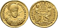 Roman Imperial Constantius II, 337-361. Solidus (Gold, 20 mm, 4.52 g, 6 h), Rome, 355-357. FL IVL CONST-ANTVS P F AVG Helmeted, pearl-diademed and cuirassed bust of Constantius II facing, his head tur