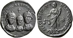 Roman Imperial Arcadius, with Honorius and Theodosius II, 383-408. Exagium Solidi (Bronze, 21 mm, 4.13 g, 6 h), Constantonopolis. Johannes, comes sacrarum largitionum, 403-404. DDD NNN AAAVVVGGG Diade