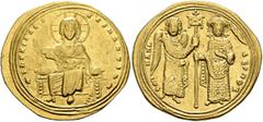 Byzantine Michael IV the Paphlagonian, 1034-1041. Histamenon (Gold, 24 mm, 3.79 g, 6 h), Thessalonica. + IhS XIS RЄX RЄςNANTIҺm Christ, nimbate, seated facing on backless throne, wearing tunic and pal
