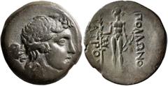 Greek THRACE. Apollonia Pontika. 2nd century BC. AE (Bronze, 24 mm, 6.87 g, 12 h). Laureate head of Apollo to right. Rev. AΠΟΛΛΩNO[Σ] / IATPOY Apollo standing front, head to left, holding laurel tree 