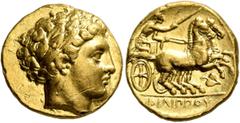 Greek KINGS OF MACEDON. Philip II, 359-336 BC. Stater (Gold, 17 mm, 8.59 g, 9 h), Amphipolis, struck under Philip II or Alexander III, circa 340/36-328. Laureate head of Apollo to right. Rev. ΦΙΛΙΠΠOY