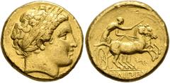 Greek KINGS OF MACEDON. Philip II, 359-336 BC. Stater (Gold, 19 mm, 8.53 g, 6 h), Pella, struck under Philip II or Alexander III, circa 340/36-328. Laureate head of Apollo to right. Rev. ΦΙΛΙΠΠOY Char