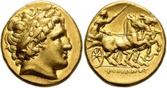Greek KINGS OF MACEDON. Philip II, 359-336 BC. Stater (Gold, 19 mm, 8.63 g, 12 h), Lampsakos, struck under Leonnatos, Philip III Arrhidaios or Antigonos I Monophthalmos, circa 323-317. Laureate head o