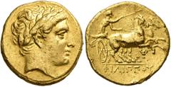 Greek KINGS OF MACEDON. Philip II, 359-336 BC. Stater (Gold, 20 mm, 8.56 g, 3 h), Pella, struck under Alexander III, Philip III or Kassander, circa 323/2-315. Laureate head of Apollo to right. Rev. ΦΙ