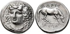 Greek THESSALY. Larissa. Circa 356-342 BC. Drachm (Silver, 20 mm, 6.10 g, 12 h). Head of the nymph Larissa facing slightly to left, wearing ampyx, pendant earring and necklace. Rev. ΛΑΡΙΣ-ΑΙΩΝ Horse s