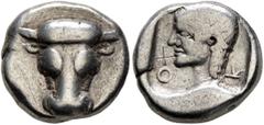 Greek PHOKIS, Federal Coinage. Circa 478-460. Triobol (Silver, 13 mm, 3.24 g, 6 h). Facing head of a bull. Rev. [Φ]-O-K-[I] Head of Artemis to left, wearing diadem and necklace; all within shallow inc