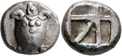 Greek ISLANDS OFF ATTICA, Aegina. Circa 480-457 BC. Stater (Silver, 21 mm, 12.37 g). Sea turtle seen from above, head in profile, with thick collar and row of dots down its back. Rev. Square incuse wi