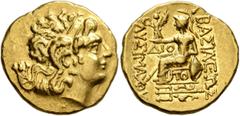 Greek KINGS OF PONTOS. Mithradates VI Eupator, circa 120-63 BC. Stater (Gold, 19 mm, 8.30 g, 12 h), First Mithradatic War issue, in the name and types of Lysimachos of Thrace. Tomis, circa 88-86. Diad