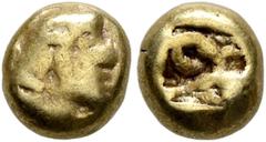 Greek IONIA. Uncertain. Circa 650-600 BC. Hemihekte – 1/12 Stater (Electrum, 7 mm, 1.15 g), Milesian standard. Head of a daimon with long hair and beard to right. Rev. Square punch with intricate line
