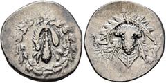 Greek LYDIA. Tralleis. Circa 166-67 BC. Half Cistophorus (Silver, 23 mm, 6.14 g, 12 h), circa 145-140. Lion skin draped over club; all within ivy wreath. Rev. Bunch of grapes on vine leaf; to left, ea