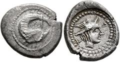 Greek LYCIA. Patara. Circa 400-390 BC. Hemidrachm (Silver, 16 mm, 2.44 g, 6 h). Leaping dolphin to right. Rev. 𐊓-Τ Head of Hermes to right, wearing winged petasos; all within circular incuse. Morton 