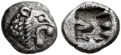Greek WESTERN ASIA MINOR, Uncertain. 5th century BC. Tetartemorion (Silver, 5 mm, 0.19 g). Head of a roaring lion to right. Rev. Rough incuse square. Klein -. GRPC Lydia S13 ('Lydia'). Leu Web Auction