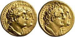Greek PTOLEMAIC KINGS OF EGYPT. Ptolemy II Philadelphos, 285-246 BC. Half Mnaieion or Tetradrachm (Gold, 27 mm, 13.90 g, 12 h), Alexandria, circa 272-261/0. AΔEΛΦΩN Conjoined busts of Ptolemy II, diad
