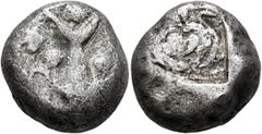Greek KYRENAICA. Barke (?). Circa 485-475 BC. Tetradrachm (Silver, 21 mm, 16.19 g). [BAPKA] Silphium plant with large central flower, two buds, two fruits and four leaves. Rev. Silphium fruit between 