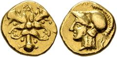 Greek KYRENAICA. Kyrene. Circa 331-322 BC. Triobol or Hemidrachm (Gold, 11 mm, 2.09 g), Jason, magistrate. Three silphium plants arranged around central dot. Rev. [K]YP Head of Athena to left, wearing