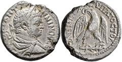 Roman Provincial JUDAEA. Caesaraea Maritima. Caracalla, 198-217. Tetradrachm (Billon, 26 mm, 13.67 g, 1 h), 215-217. AVT KAI ANTΩNINOC CЄB Laureate, draped and cuirassed bust of Caracalla to right, se