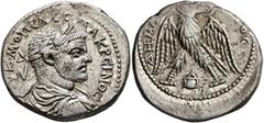 Roman Provincial MESOPOTAMIA. Edessa. Macrinus, 217-218. Tetradrachm (Billon, 28 mm, 12.18 g, 12 h). [Α]Υ Κ•Μ•ΟΠЄΛ•CЄ•ΜΑΚΡЄΙΝΟC Laureate, draped and cuirassed bust of Macrinus to right, seen from behi