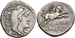 Roman Republican & Imperatorial L. Thorius Balbus, 105 BC. Denarius (Silver, 19 mm, 3.95 g, 3 h), Rome. I•S•M•R Head of Juno Sospita to right, wearing goat-skin headdress. Rev. L•THORIVS / BALBVS Bull