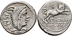 Roman Republican & Imperatorial L. Thorius Balbus, 105 BC. Denarius (Silver, 19 mm, 3.85 g, 3 h), Rome. I•S•M•R Head of Juno Sospita to right, wearing goat-skin headdress. Rev. L THORIVS / BALBVS Bull