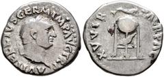 Roman Imperial Vitellius, 69. Denarius (Silver, 18 mm, 3.21 g, 6 h), Rome, late April-20 December 69. A VITELLIVS GERM IMP AVG TR P Laureate head of Vitellius to right. Rev. XV VIR SACR FAC Tripod wit
