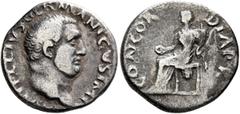 Roman Imperial Vitellius, 69. Denarius (Silver, 18 mm, 3.07 g, 6 h), Rome, late April-20 December 69. A VITELLIVS GERMANICVS IMP Bare head of Vitellius to right. Rev. CONCORDIA P R Concordia seated le