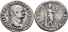 Roman Imperial Titus, 79-81. Denarius (Silver, 18 mm, 3.49 g, 6 h), Rome, after July 1, 79. IMP TITVS CAES VESPASIAN AVG P M Laureate head of Titus to right. Rev. TR P VIIII IMP XIIII COS VII P P Venu